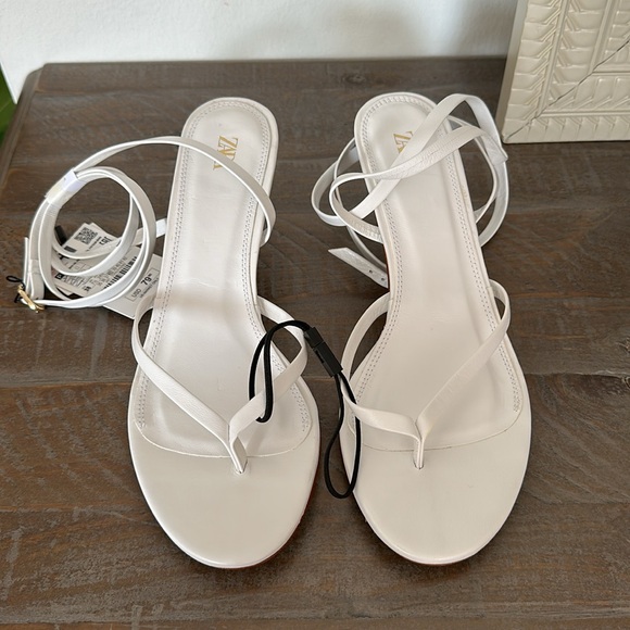 Zara heeled leather tie sandals wrap around kitten heels strappy 2355/310 white - Picture 7 of 12